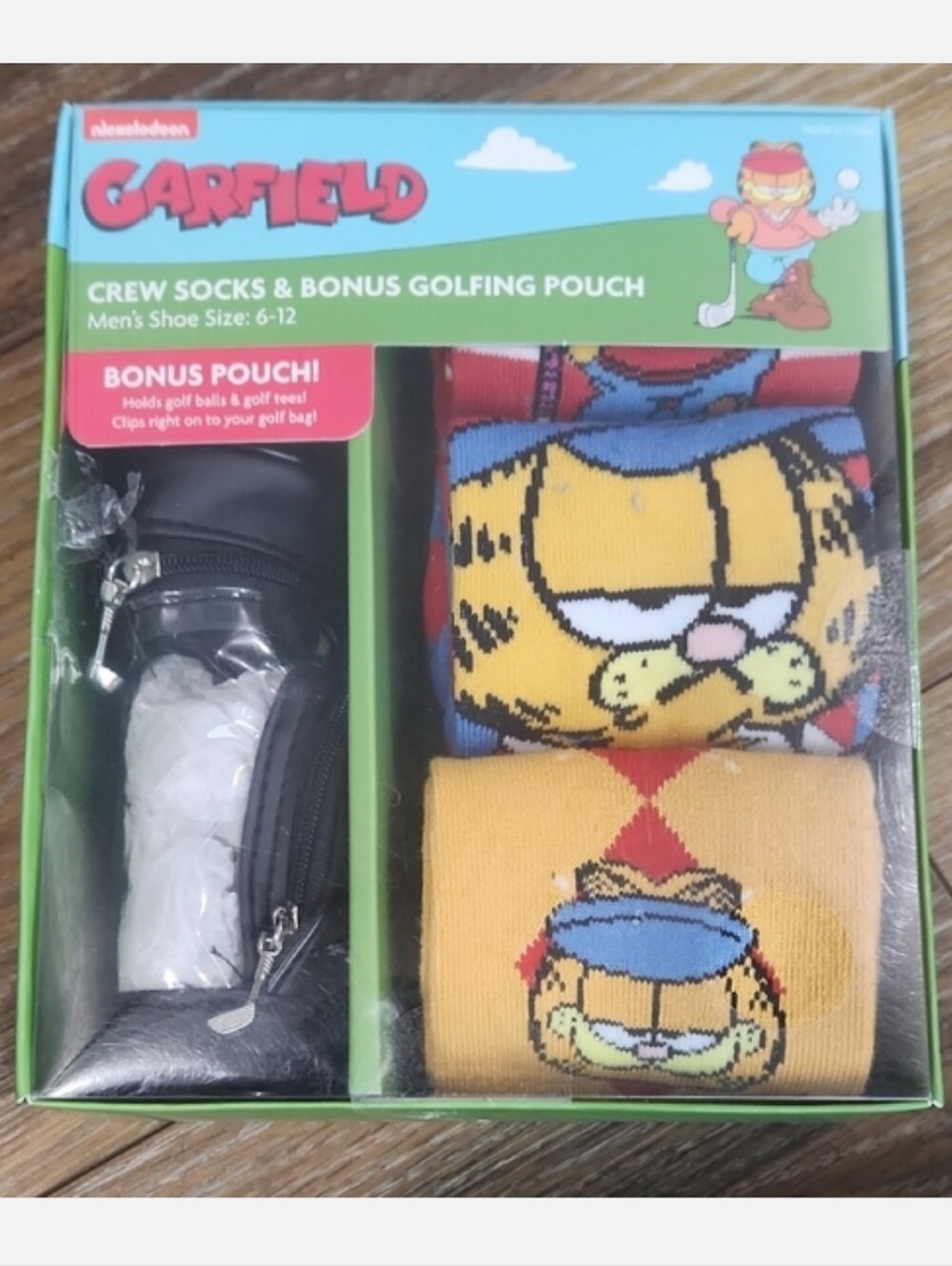 NIB Garfield Crew Socks & Golfing Pouch Bag Orange Clear Black Blue